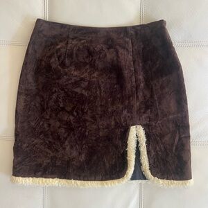 VINTAGE Chocolate Brown Crushed Velvet Sheepskin Shearling (Faux) Mini Skirt